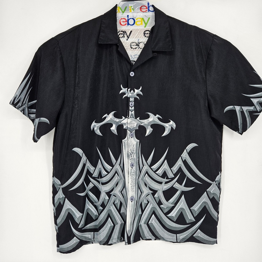 Vintage Sapphire Lounge Shirt Mens XL‎ Button Up Tribal Sword Short Sleeve